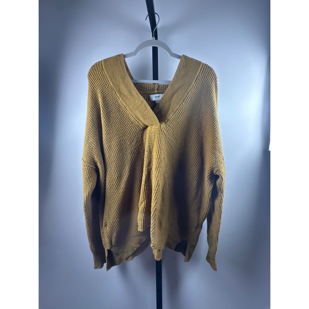 Aerie Womens XS Mustard Yellow Waffle Knit Twist Front Hooded Sweater Pullover